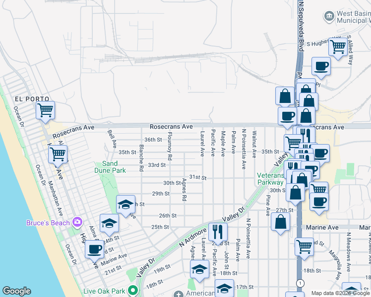 map of restaurants, bars, coffee shops, grocery stores, and more near 737 35th Street in Manhattan Beach