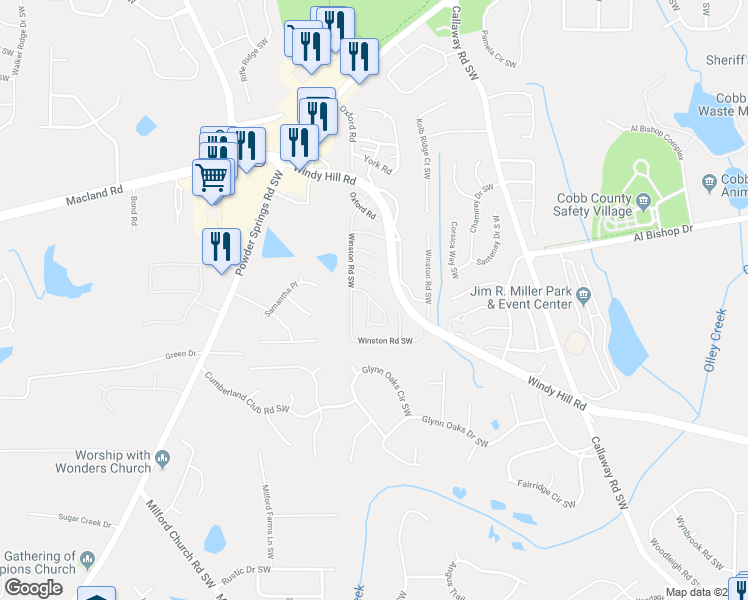 map of restaurants, bars, coffee shops, grocery stores, and more near 671 Ashley Circle in Marietta