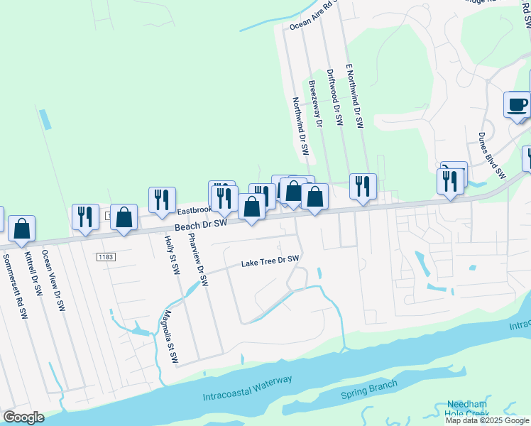 map of restaurants, bars, coffee shops, grocery stores, and more near 6720 Beach Drive Southwest in Ocean Isle Beach