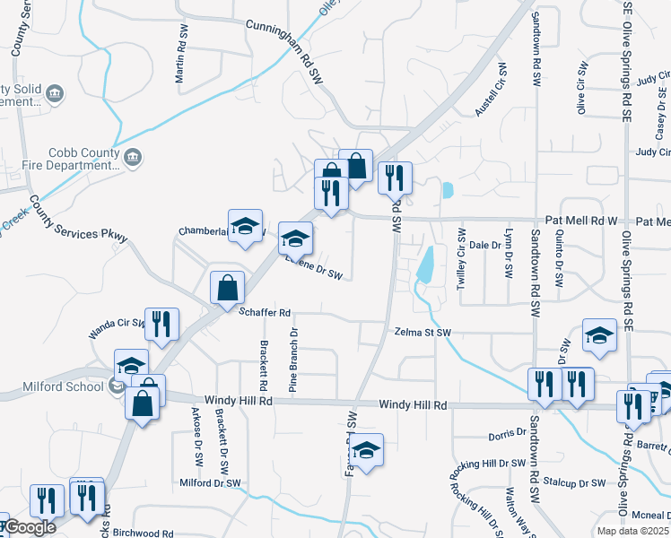 map of restaurants, bars, coffee shops, grocery stores, and more near 484 Lorene Drive Southwest in Marietta