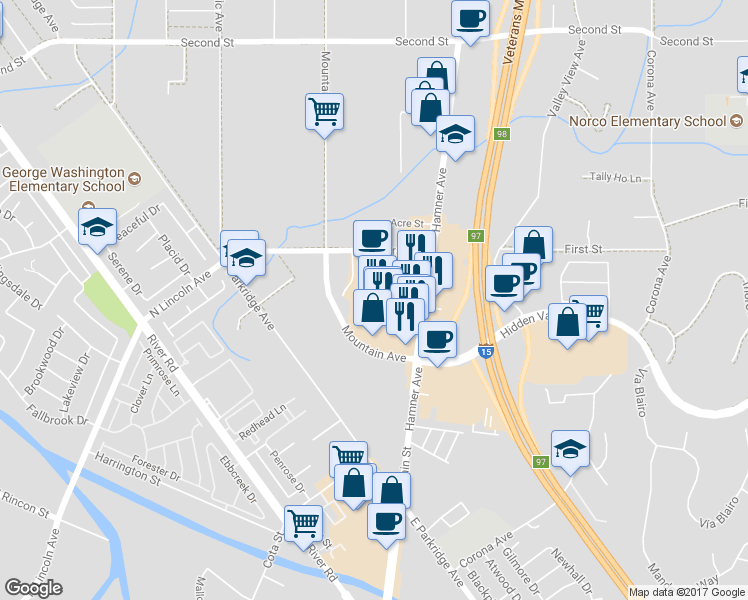 map of restaurants, bars, coffee shops, grocery stores, and more near 1290 Hamner Avenue in Norco
