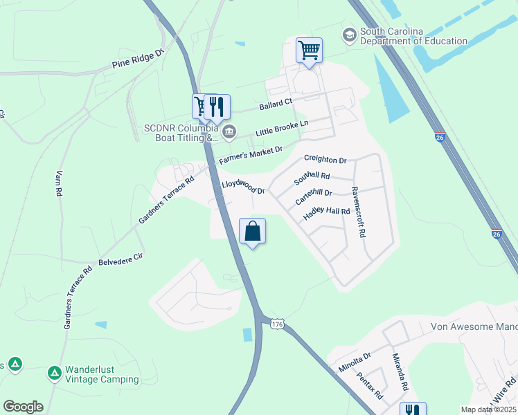 map of restaurants, bars, coffee shops, grocery stores, and more near 118 Lloydwood Drive in West Columbia