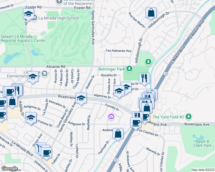 map of restaurants, bars, coffee shops, grocery stores, and more near 14509 Ermita Avenue in La Mirada