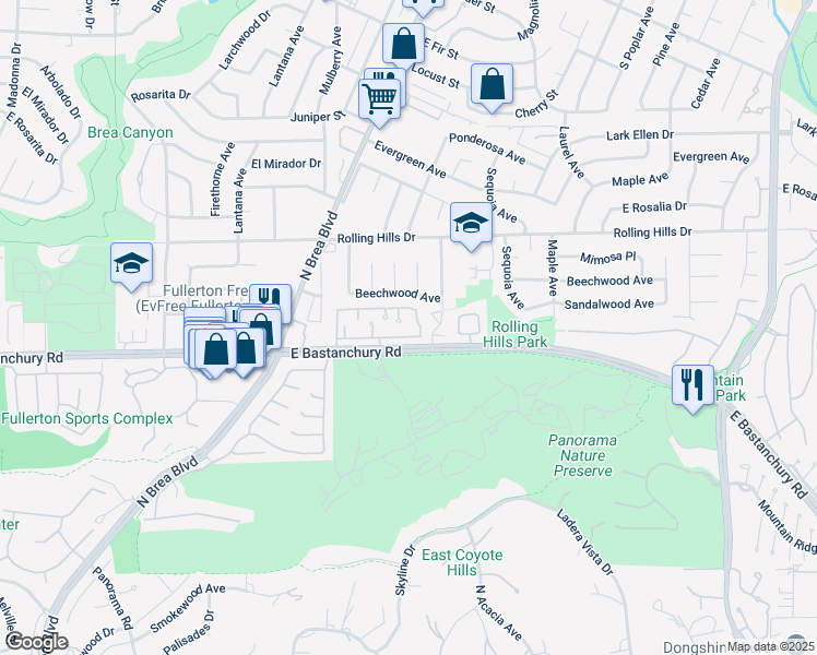 map of restaurants, bars, coffee shops, grocery stores, and more near 1400 Vista Grande in Fullerton