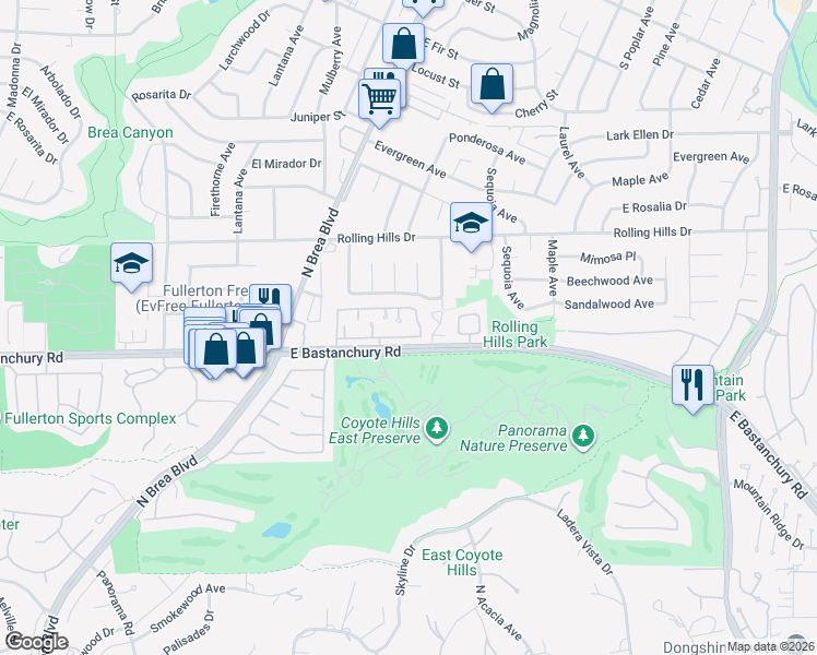 map of restaurants, bars, coffee shops, grocery stores, and more near 1411 Vista Grande in Fullerton
