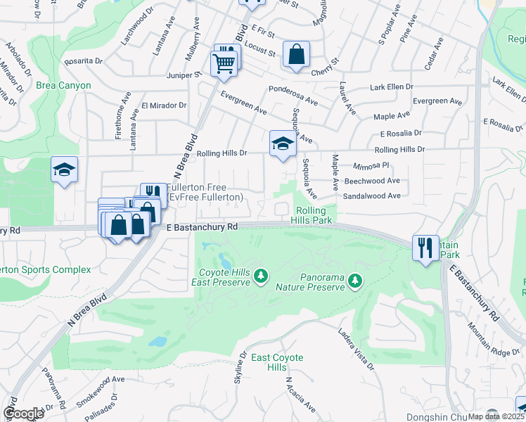 map of restaurants, bars, coffee shops, grocery stores, and more near 1403 Pinon Place in Fullerton