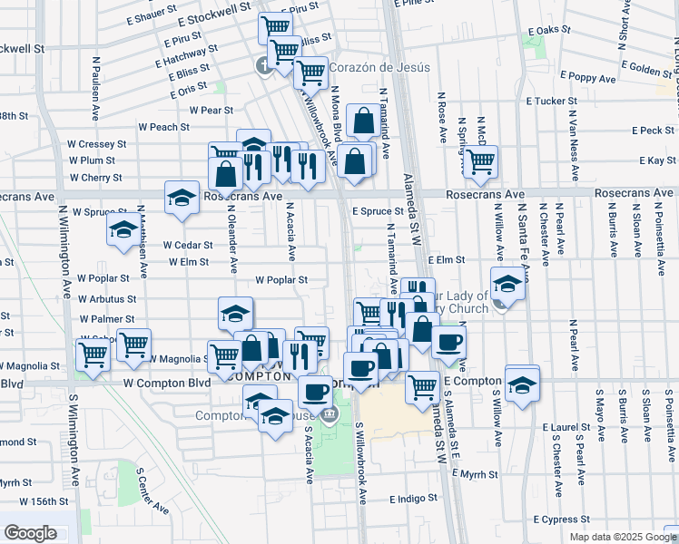 map of restaurants, bars, coffee shops, grocery stores, and more near 201 West Poplar Street in Compton