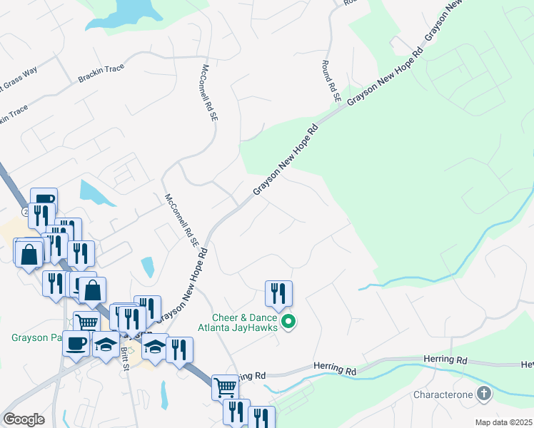 map of restaurants, bars, coffee shops, grocery stores, and more near 110 Grayview Court in Grayson