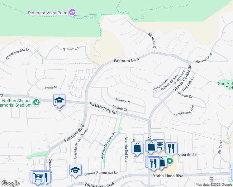 map of restaurants, bars, coffee shops, grocery stores, and more near 4169 Genoa Way in Yorba Linda