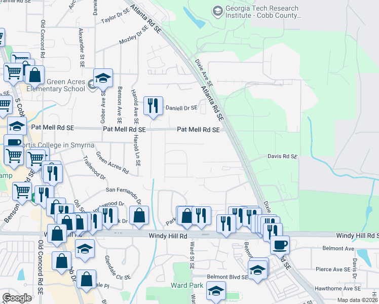 map of restaurants, bars, coffee shops, grocery stores, and more near 207 Elizabeth Avenue Southeast in Smyrna