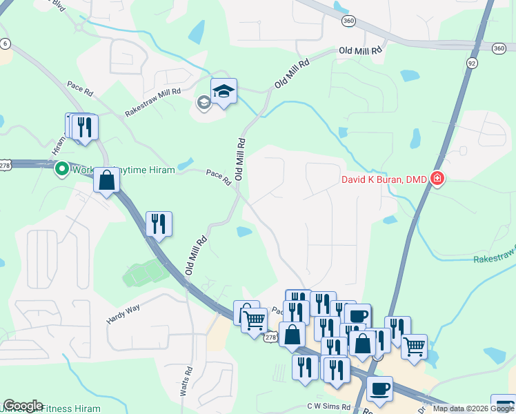 map of restaurants, bars, coffee shops, grocery stores, and more near 20 5 Oaks Drive in Hiram
