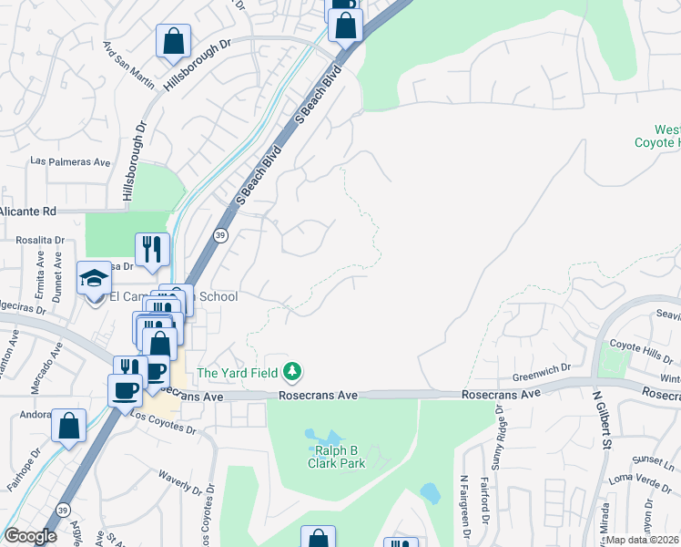 map of restaurants, bars, coffee shops, grocery stores, and more near 2833 Muir Trail Drive in Fullerton