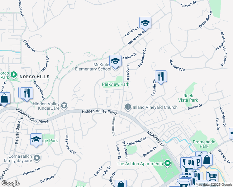 map of restaurants, bars, coffee shops, grocery stores, and more near 1030 Vista Del Cerro Drive in Corona
