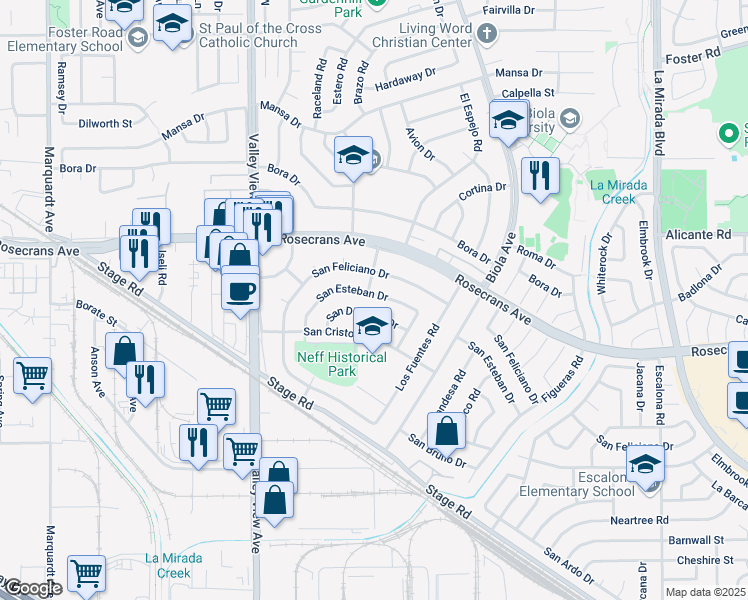 map of restaurants, bars, coffee shops, grocery stores, and more near 14467 San Dieguito Drive in La Mirada