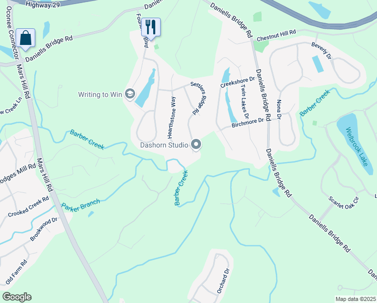 map of restaurants, bars, coffee shops, grocery stores, and more near 1251 Settlers Ridge Road in Athens
