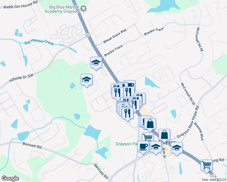 map of restaurants, bars, coffee shops, grocery stores, and more near 480 Glens Farm Way in Grayson