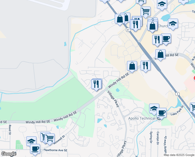 map of restaurants, bars, coffee shops, grocery stores, and more near Northwest Drive in Marietta