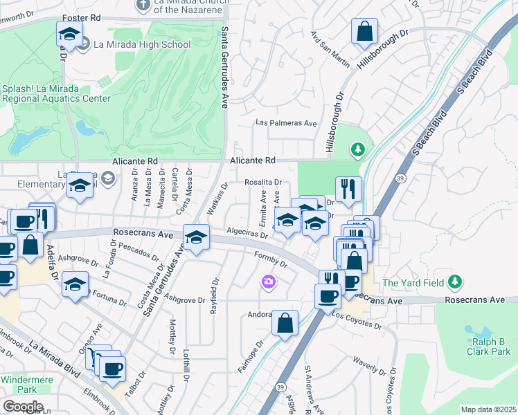 map of restaurants, bars, coffee shops, grocery stores, and more near 14509 Ermita Avenue in La Mirada