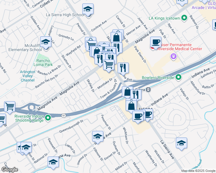 map of restaurants, bars, coffee shops, grocery stores, and more near 11179 Town & Country Drive in Riverside