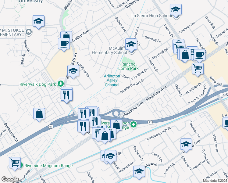 map of restaurants, bars, coffee shops, grocery stores, and more near 3509 Rancho Del Oro Drive in Riverside