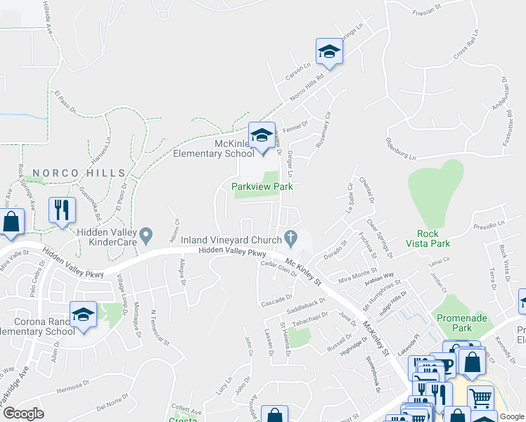 map of restaurants, bars, coffee shops, grocery stores, and more near 1020 Vista Del Cerro Drive in Corona