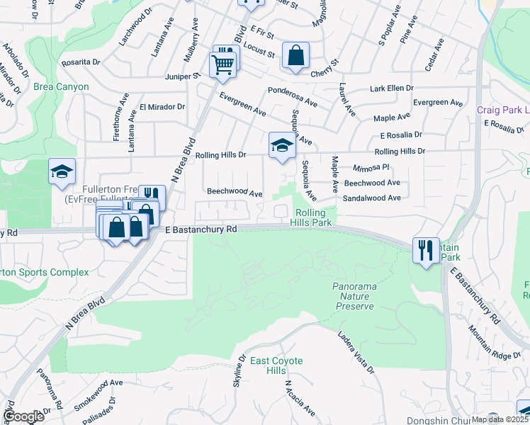 map of restaurants, bars, coffee shops, grocery stores, and more near 1403 Pinon Place in Fullerton