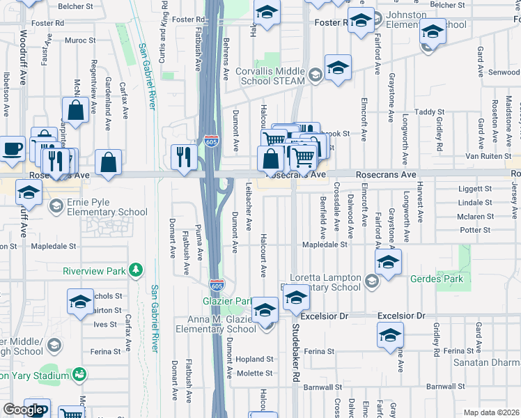 map of restaurants, bars, coffee shops, grocery stores, and more near 14428 Leibacher Avenue in Norwalk