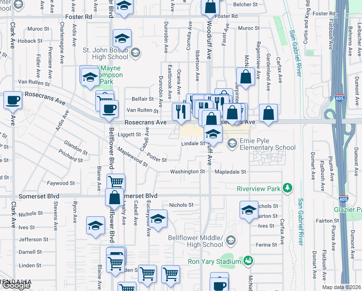 map of restaurants, bars, coffee shops, grocery stores, and more near 14516 Cornuta Avenue in Bellflower