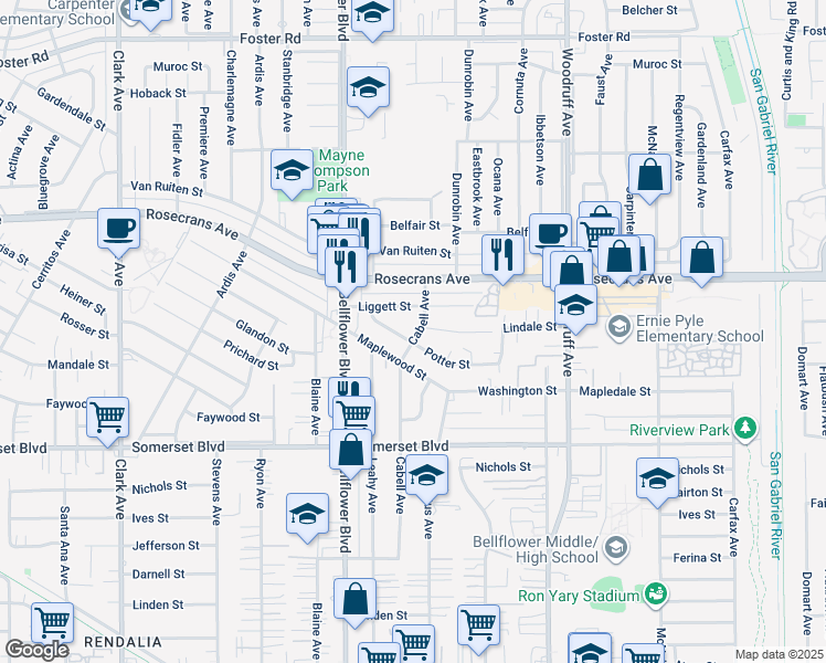 map of restaurants, bars, coffee shops, grocery stores, and more near 9917 Potter Street in Bellflower