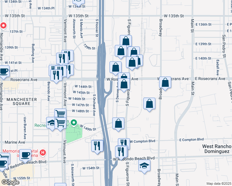 map of restaurants, bars, coffee shops, grocery stores, and more near 14510 South Denver Avenue in Gardena