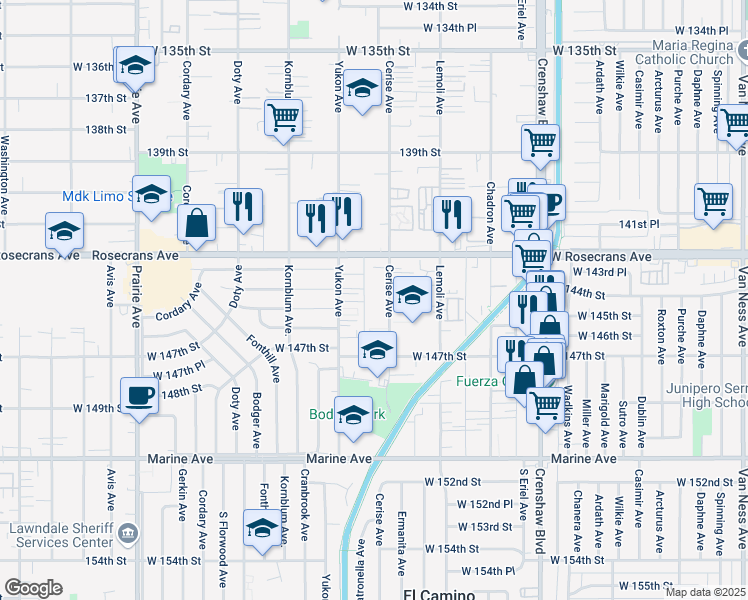 map of restaurants, bars, coffee shops, grocery stores, and more near 14427 Cerise Avenue in Hawthorne