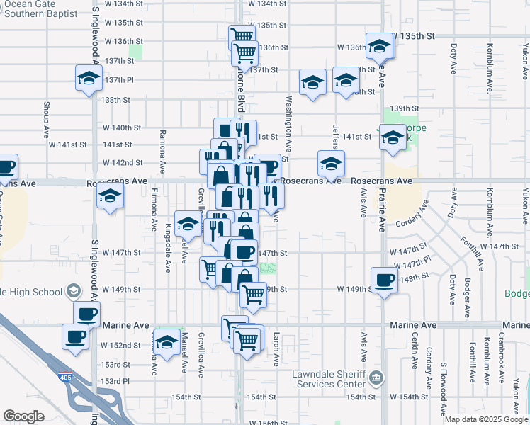 map of restaurants, bars, coffee shops, grocery stores, and more near 4330 West 145th Street in Lawndale