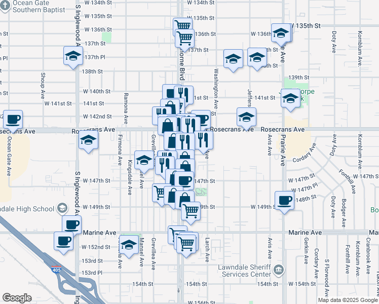 map of restaurants, bars, coffee shops, grocery stores, and more near 4330 West 145th Street in Lawndale