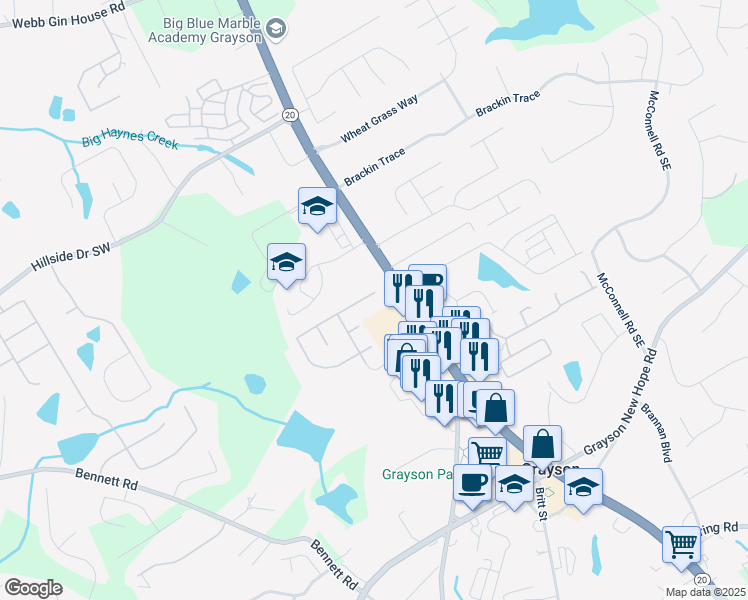 map of restaurants, bars, coffee shops, grocery stores, and more near 480 Glens Farm Way in Grayson