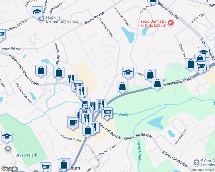 map of restaurants, bars, coffee shops, grocery stores, and more near 4670 Sterling Oaks Court in Lilburn