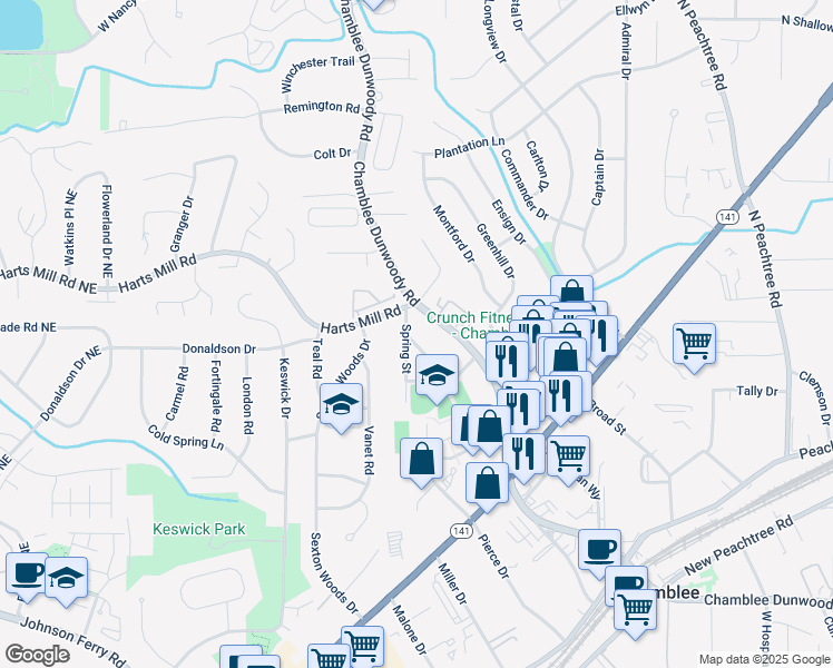 map of restaurants, bars, coffee shops, grocery stores, and more near 3699 School Street in Atlanta