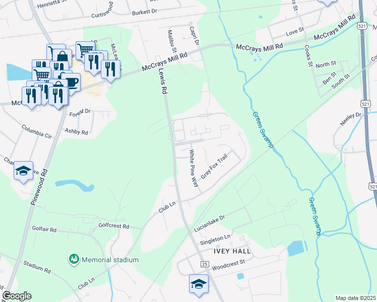 map of restaurants, bars, coffee shops, grocery stores, and more near 694 White Pine Way in Sumter