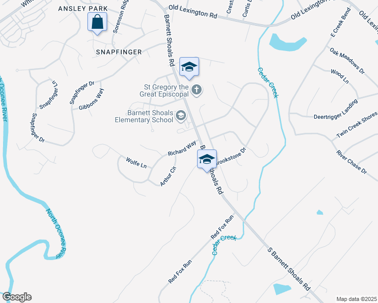 map of restaurants, bars, coffee shops, grocery stores, and more near 115 Richard Way in Athens