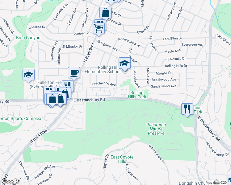 map of restaurants, bars, coffee shops, grocery stores, and more near 2721 Torrey Pine Drive in Fullerton