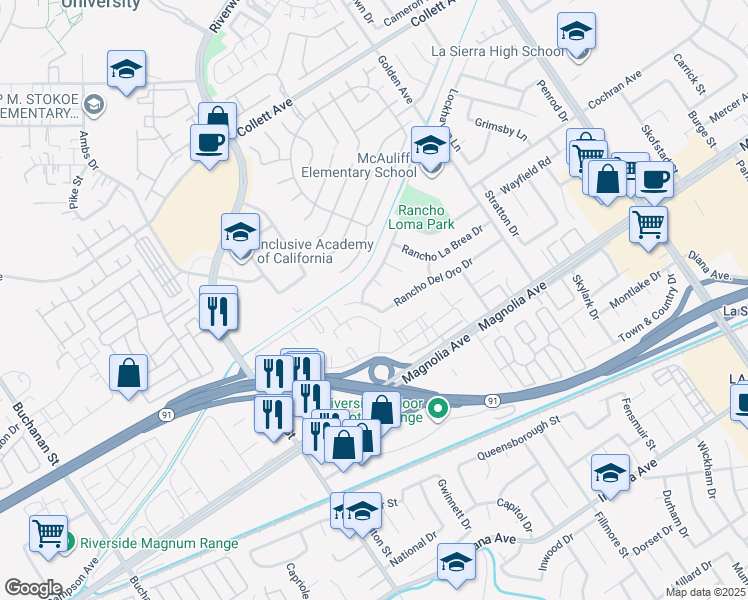 map of restaurants, bars, coffee shops, grocery stores, and more near 3509 Rancho Del Oro Drive in Riverside