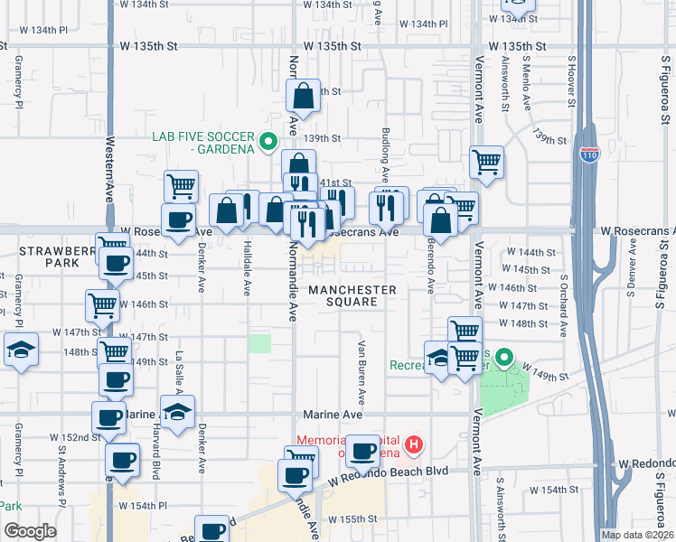map of restaurants, bars, coffee shops, grocery stores, and more near 14418 Plum Lane in Gardena