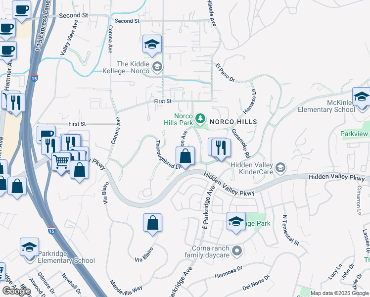 map of restaurants, bars, coffee shops, grocery stores, and more near 1260 Dodge City Place in Norco