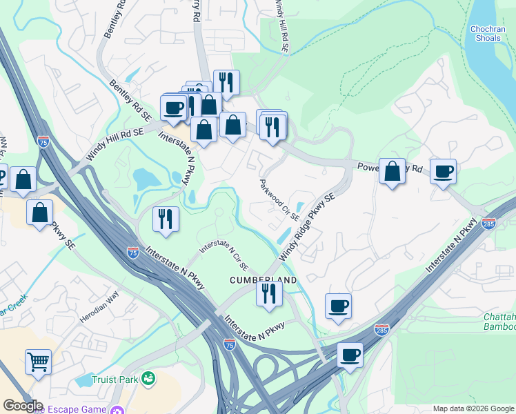 map of restaurants, bars, coffee shops, grocery stores, and more near 1500 Parkwood Circle Southeast in Atlanta