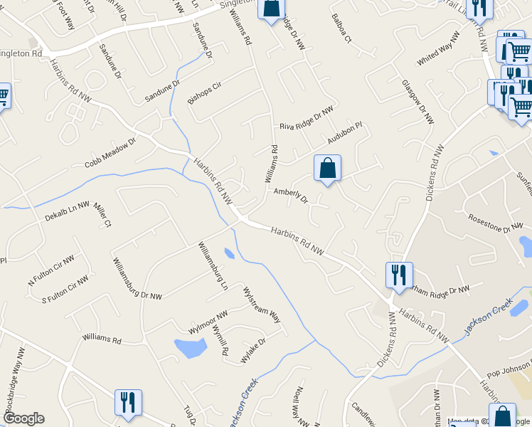 map of restaurants, bars, coffee shops, grocery stores, and more near 5422 Harbins Road Northwest in Norcross