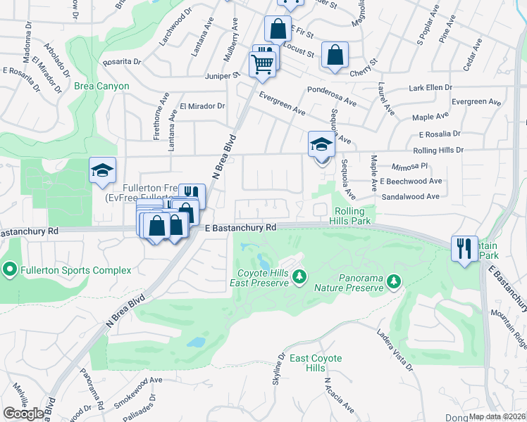 map of restaurants, bars, coffee shops, grocery stores, and more near 2700 Via Colina in Fullerton