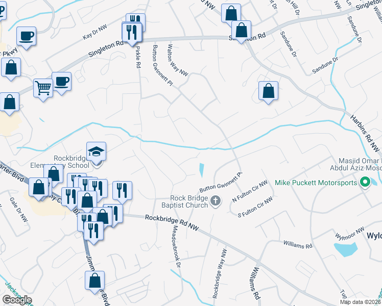 map of restaurants, bars, coffee shops, grocery stores, and more near 5835 Castle Lane Northwest in Norcross