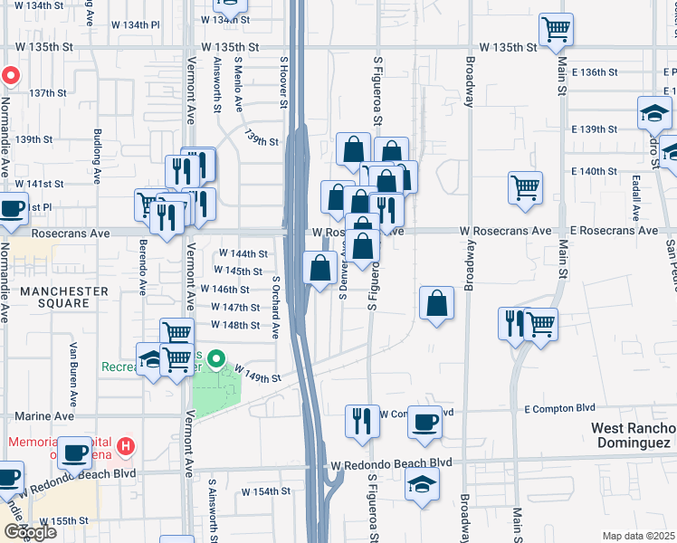 map of restaurants, bars, coffee shops, grocery stores, and more near 14510 South Denver Avenue in Gardena