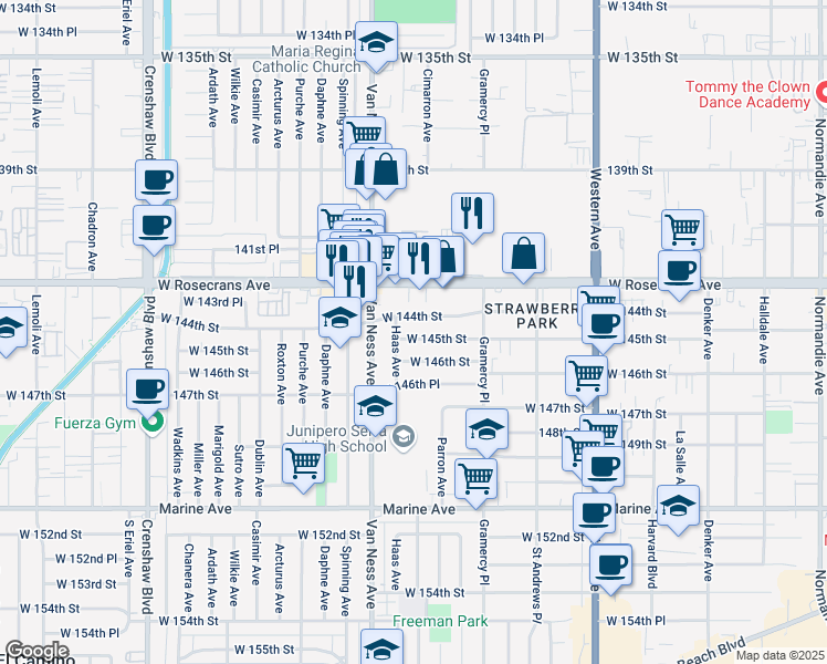 map of restaurants, bars, coffee shops, grocery stores, and more near 2058 West 145th Street in Gardena