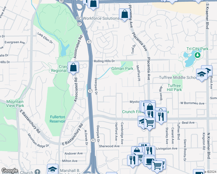 map of restaurants, bars, coffee shops, grocery stores, and more near 2533 Thorn Place in Fullerton