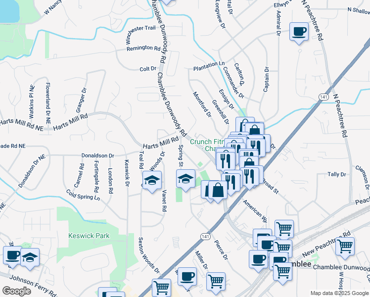 map of restaurants, bars, coffee shops, grocery stores, and more near 3699 School Street in Atlanta